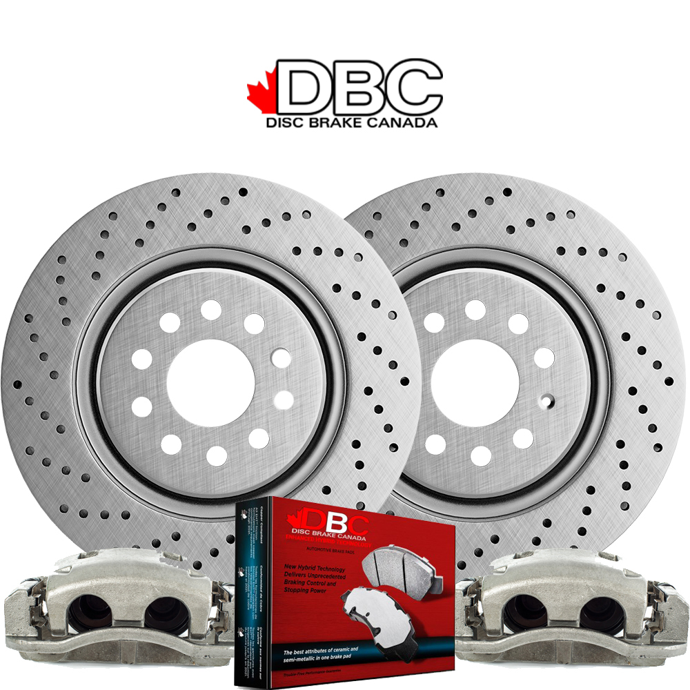 Front High Performance Cross Drilled EVO GEOMET Koted Rotors and High Performance Carbon Brake Pads w/ HW Kit and 2 Brake Calipers -  XDG-60054183-CAL