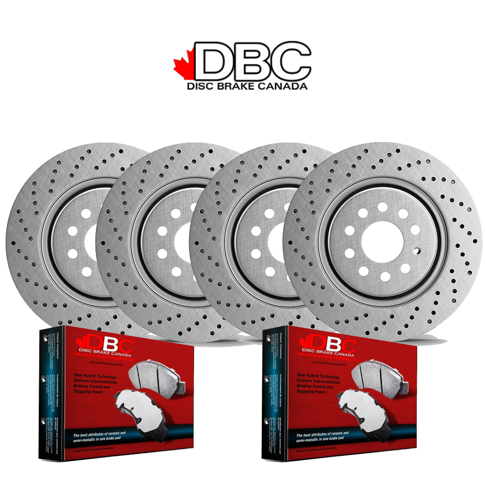 Front and Rear High Performance Cross Drilled EVO GEOMET Koted Rotors and High Performance Carbon Brake Pads w/ HW Kit -  XDG-60054183-K