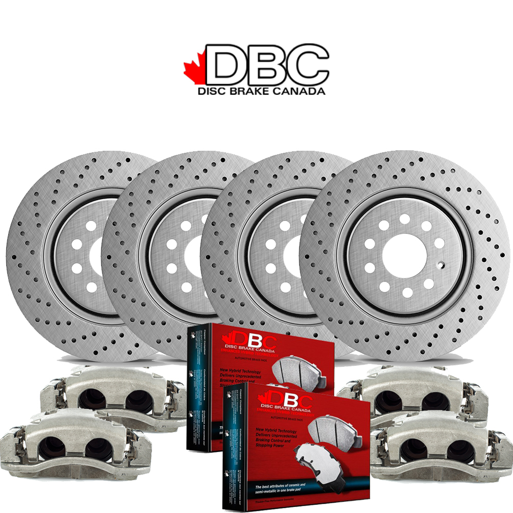 1 Click Brake Kit - Front and Rear High Performance Cross Drilled EVO GEOMET Koted Rotors and High Performance Carbon Brake Pads w/ HW Kit and 4 Brake Calipers -  XDG-60054183-KCAL