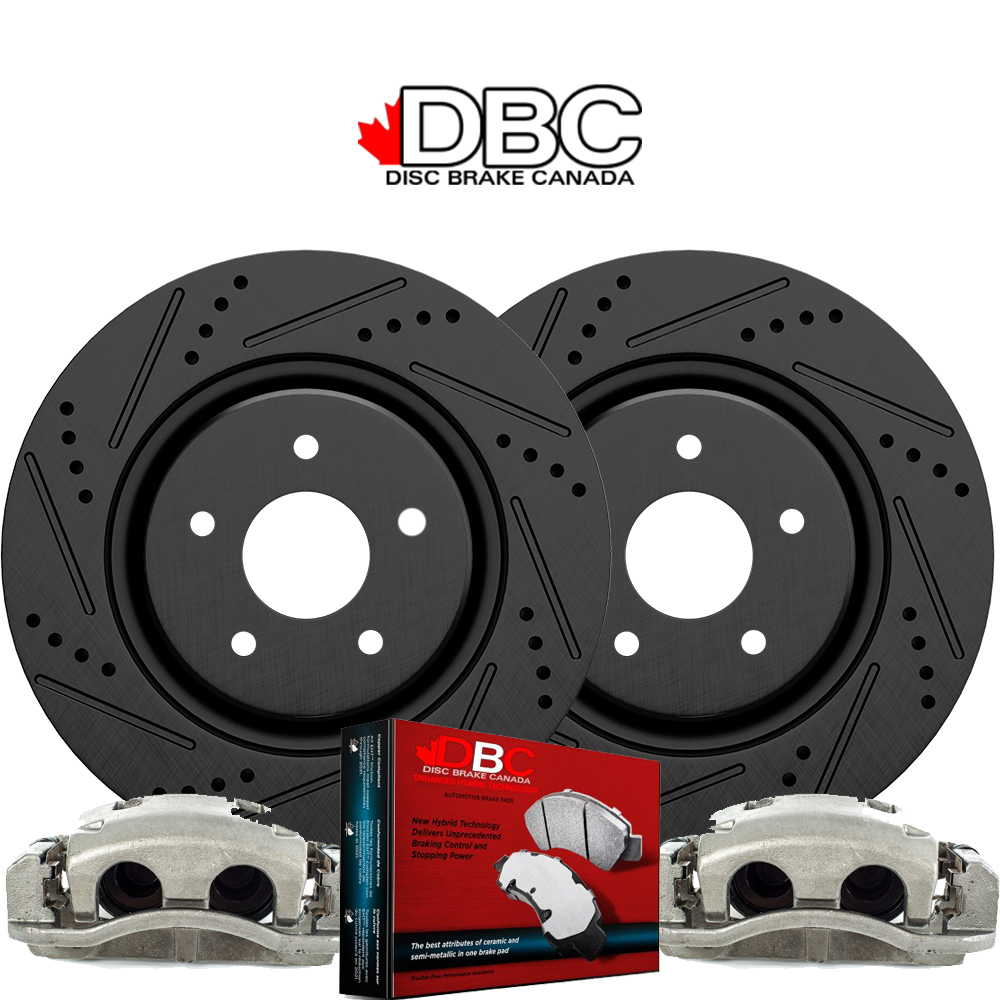 Front High Performance Cross Drilled and Slotted Black Koted Rotors and High Performance Carbon Brake Pads w/ HW Kit and 2 Brake Calipers -  XDS-60042016-CAL