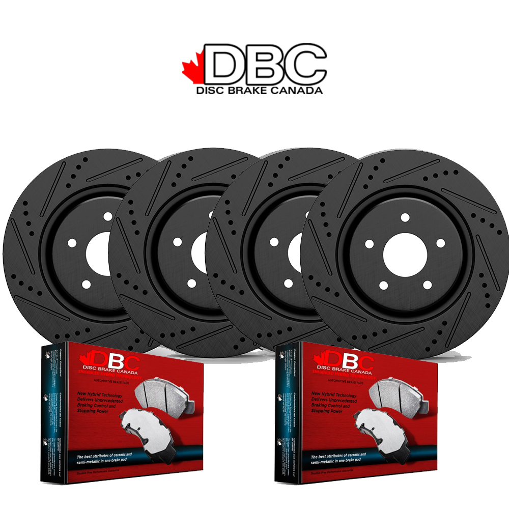 Front and Rear High Performance Cross Drilled and Slotted Black Koted Rotors and High Performance Carbon Brake Pads w/ HW Kit -  XDS-60042016-K