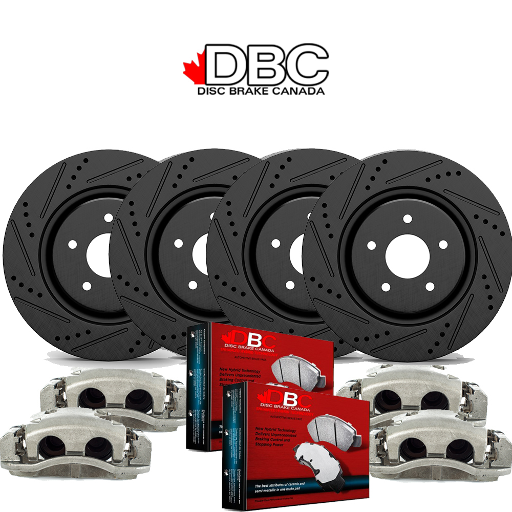 1 Click Brake Kit - Front and Rear High Performance Cross Drilled and Slotted Black Koted Rotors and High Performance Carbon Brake Pads w/ HW Kit and 4 Brake Calipers -  XDS-60042016-KCAL